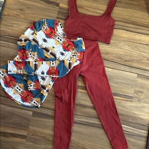 Red Two-Piece Set with Colorful Patterned Top